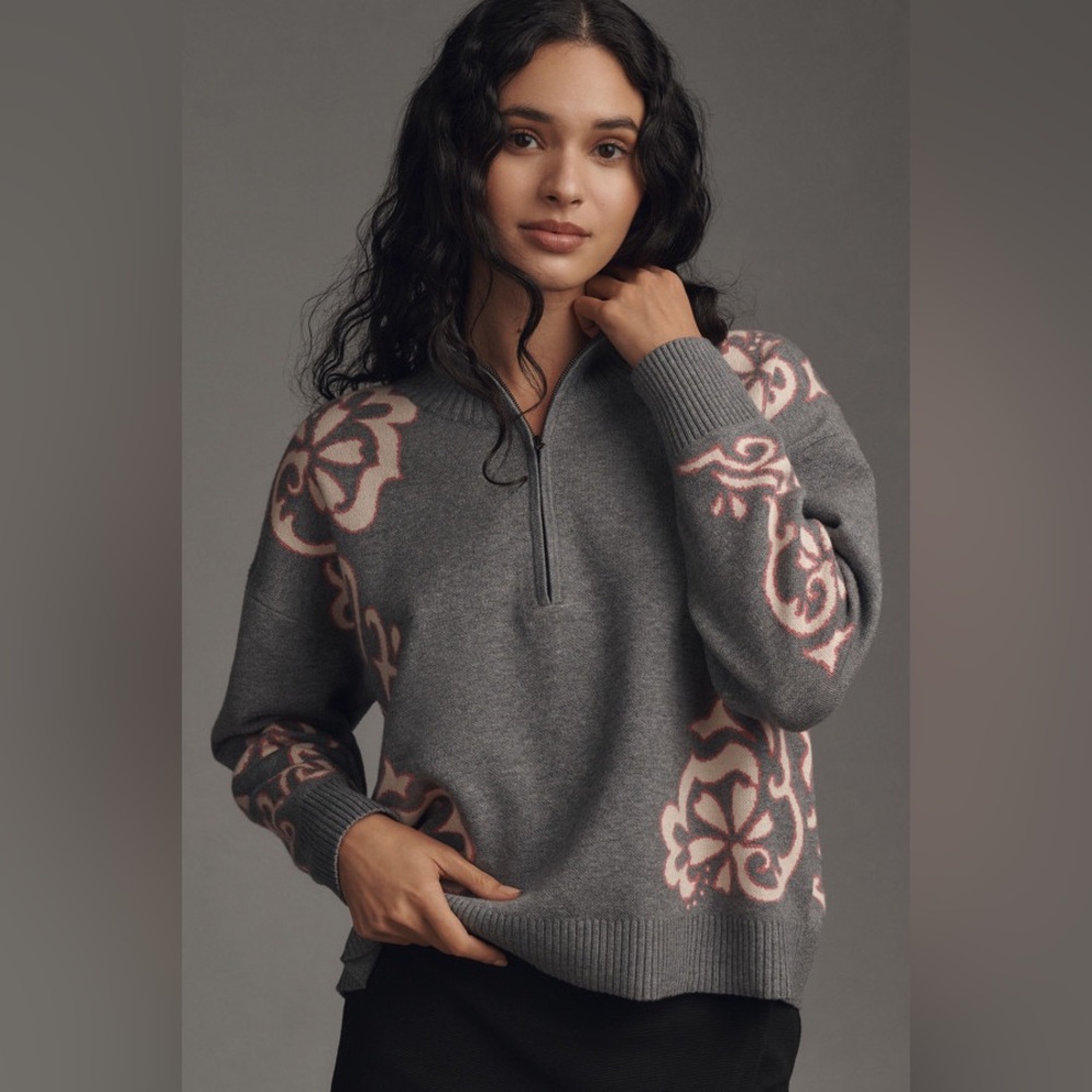 Anthropologie Gray Sweater with Pink Floral Pattern
